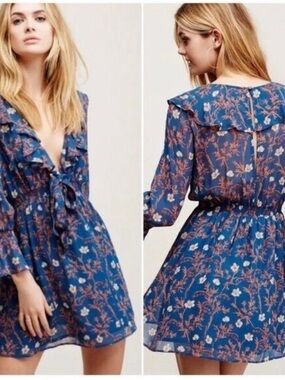 Free People Blue Floral Ruffle Me Up Mini Dress xsmall